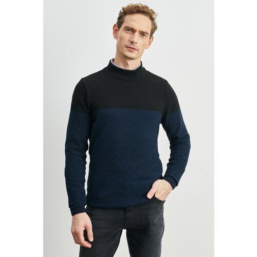 ALTINYILDIZ CLASSICS Men's Petrol-black Recycle Standard Fit Normal Cut Half Turtleneck Double Color Knitwear Sweater Slike