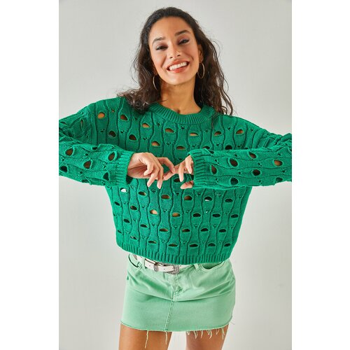 Olalook Women's Grass Green Large Hole Knitwear Sweater Slike