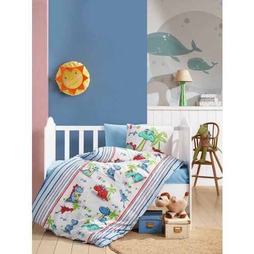 Dino v2 - blue bluewhiteredgreen ranforce baby quilt cover set Slike