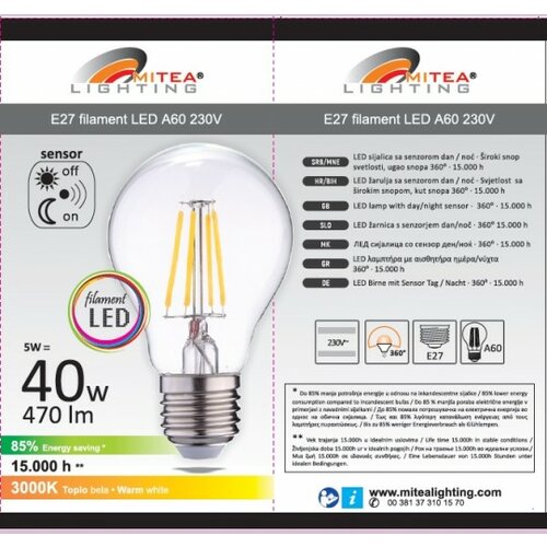 Mitea Lighting E27 5W A60 3000K filament led sijalica sa foto senzorom dan/noć auto detekcija, 230V 470lm Slike