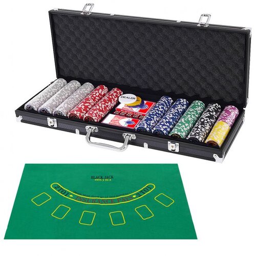 500-dijelni komplet za kasino poker s žetonima i igraćim kartama, kao i kockama i žetonima dilera te crnom stolnjaku. Cijene