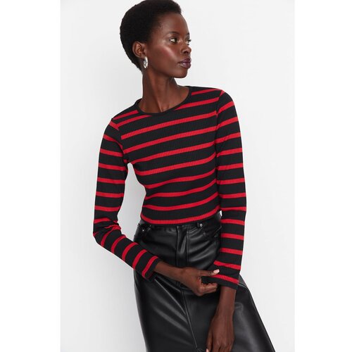 Trendyol Black Striped Low Back Ribbed Knitted Blouse Cene