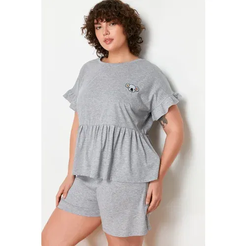 Trendyol Curve Gray Melange Koala Embroidered Single Jersey Knitted Pajamas Set