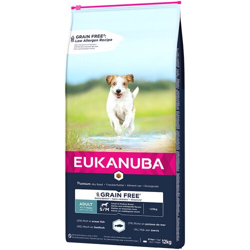 Eukanuba Grain Free Adult Small / Medium Breed z oceanskimi ribami - Varčno pakiranje: 2 x 12 kg Cijene