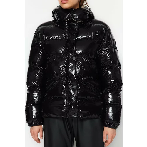 Trendyol Black Hooded Contrast Hood With Lining Detailed Shiny Water-Repellent Inflatable Coat