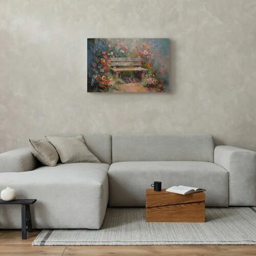  Slika - Flowery bench - impressionist painting full of flowers 120x80 Standard Slike