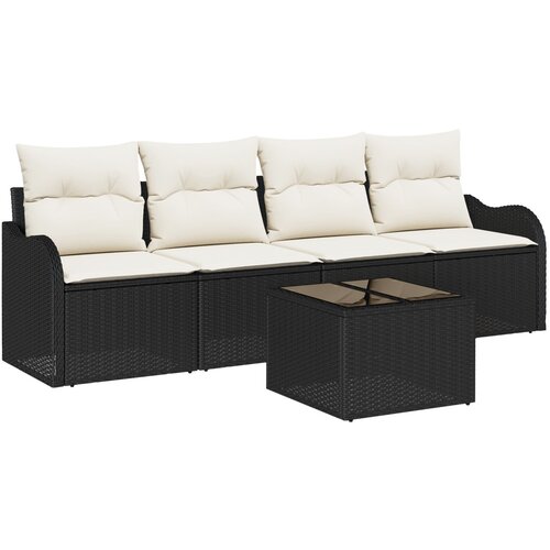 VidaXL 5-dijelni vrtni sofa set s jastučićima crni poli ratan, 2-sjedala vrtni sofa s odlaganjem &amp;amp; jastučićima crni poli ratan Slike