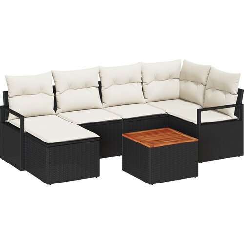 VidaXL 7-dijelni set za vrtne sofe s jastučićima crni Poli Ratan Akacija, 2-sjedna vrtna sofa s jastučićima crni Poli Ratan Slike