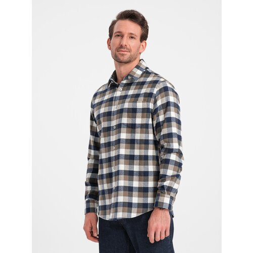 Ombre Classic men's flannel check cotton shirt - brown and navy blue Cene