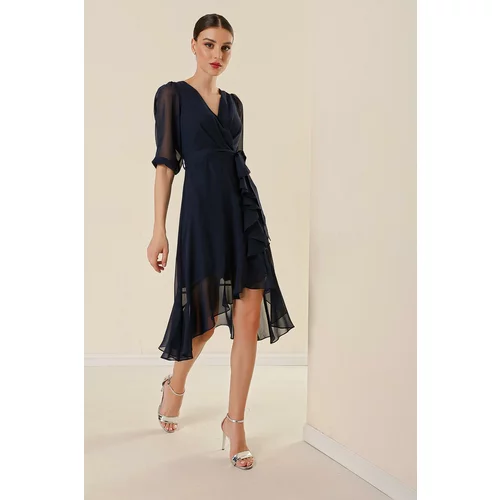 By Saygı Double Breasted Collar Skirt Flounced Waist Belted Lined Balloon Sleeve Wide Size Chiffon Dress