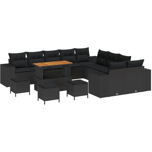 VidaXL 14-dijelni vrtni sofa set s jastučićima crna poli ratan akacija, 4-dijelni vrtni blagovaonski set s jastučićima crna poli ratan akacija Slike