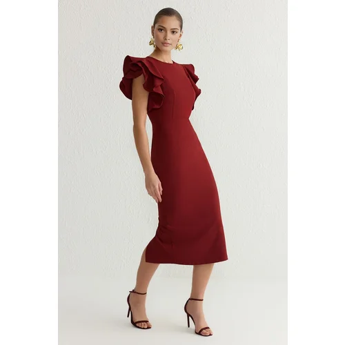 Trendyol Burgundy Body-Styling Flounce Detail Elegant Dress