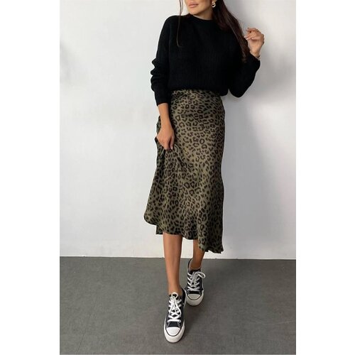 Dewberry 68223 Leopard Pattern Satin Midi Length Skirt-BLACK-KHAKI Cijene