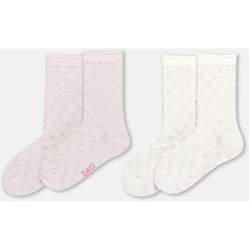 Dagi Ecru-Pink Girl's 2-Piece Heart Patterned Socks Slike