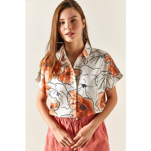 Olalook Women's Floral Orange Bat Linen Blend Shirt Cene