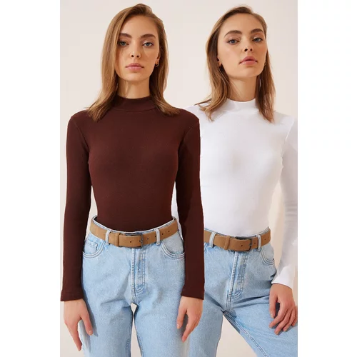 Happiness İstanbul Women's Dark Brown White 2-Pack Ribbed Turtleneck Knitted Blouse