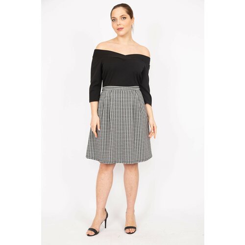 Şans Women's Black Plus Size Collar Detailed Skirt Houndstooth Patterned Belted Dress Slike