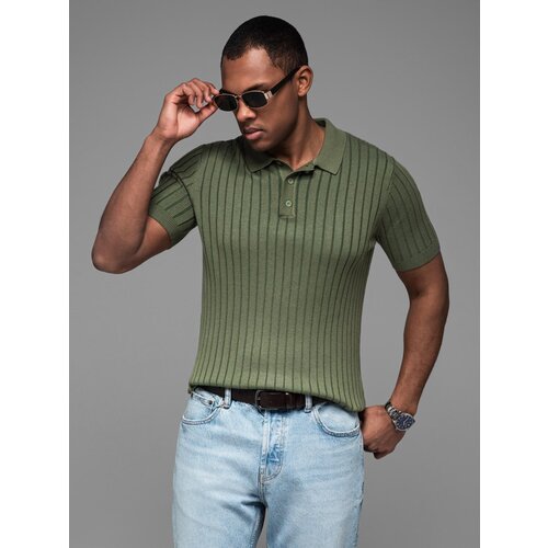 Ombre Men's SLIM FIT viscose vertical stripe polo shirt - olive Cijene