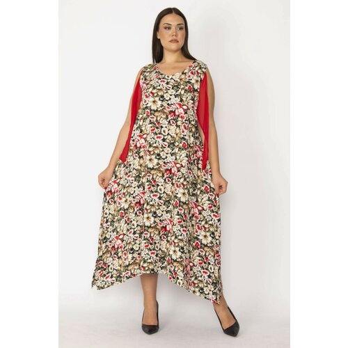 Şans Women's Plus Size Red Sleeve Detailed Floral Patterned Dress Slike