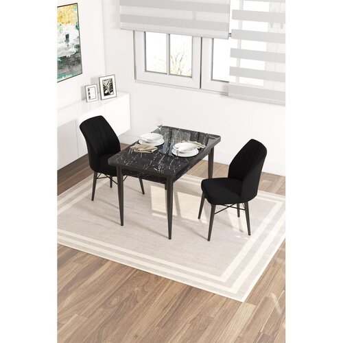 Hanah home trpezarijski set Arp, sto i 2 stolice, ploča u dekoru crnog mermera, crna tkanina Babyface Cene