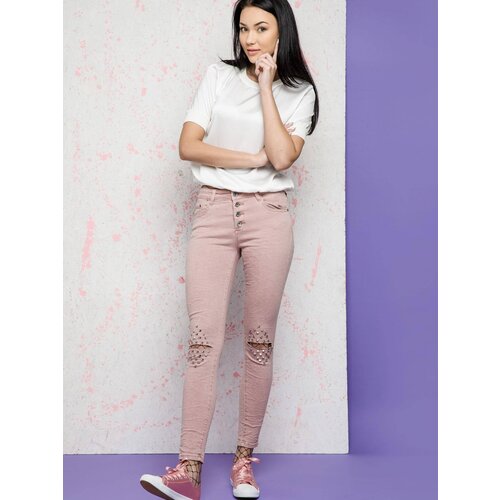 Hand Work Denim Euphora jeans decorated with cuts and rhinestones on the knees pink Slike