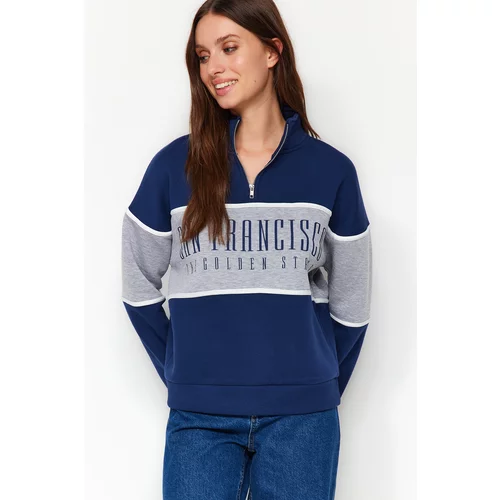Trendyol Navy Blue Basic Printed Knitted Sweatshirt with Fleece Inside
