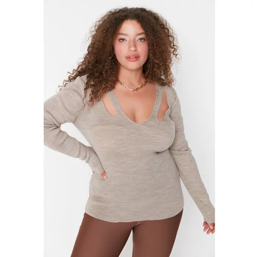 Trendyol Curve Mink Thin Cut Out Detailed V Neck Knitwear Blouse