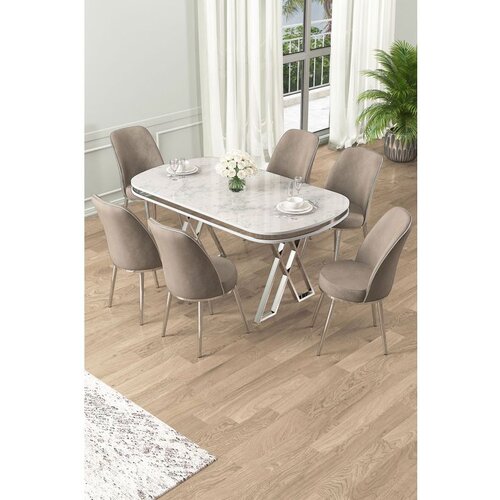 Hanah home Lai - White, Chrome, Cappuccino WhiteChromeCappuccino Dining Table & Chairs Set (7 Pieces) Cene