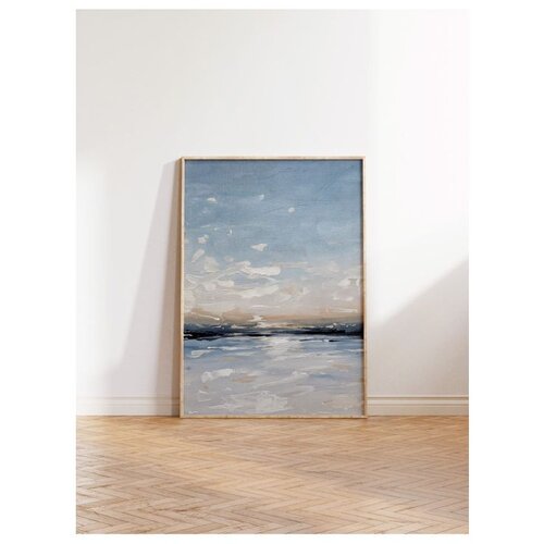 Wallxpert uramljena slika 115218, apstraktni morski pejzaž sa plavim nebom i oblacima, 50 x 70 cm, ram u boji prirodnog drveta Slike
