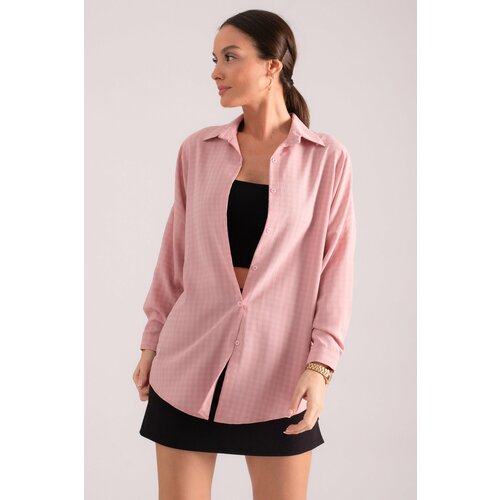 armonika Women's Pale Pink Square Pattern Oversize Long Basic Shirt Cene
