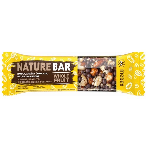 Medex Nature Bar rozine, med, čokolada, mandlji, ara&amp;scaron;idi 40 g Slike