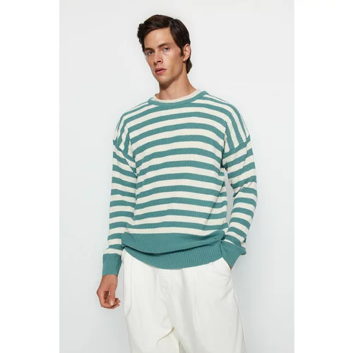 Trendyol Mint Men's Oversize Fit Wide Fit Crew Neck Striped Knitwear Sweater.