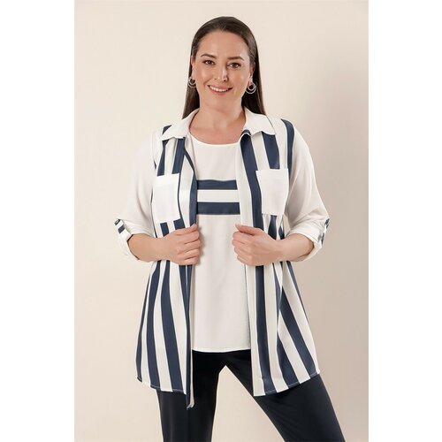 By Saygı Fold-over sleeves with pockets, Striped Jacket Plus Size Viscose 2-pack Set Navy Blue. Cene