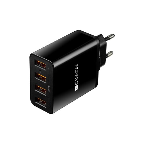 Canyon H-06 Universal 4xUSB AC charger (in wall) with over-voltage protection, Input 100V-240V, Output 5V-5A, with Smart IC, black glossy color+orange plastic part of USB, 96.8*52.48*28.5mm, 0.09kg Cijene