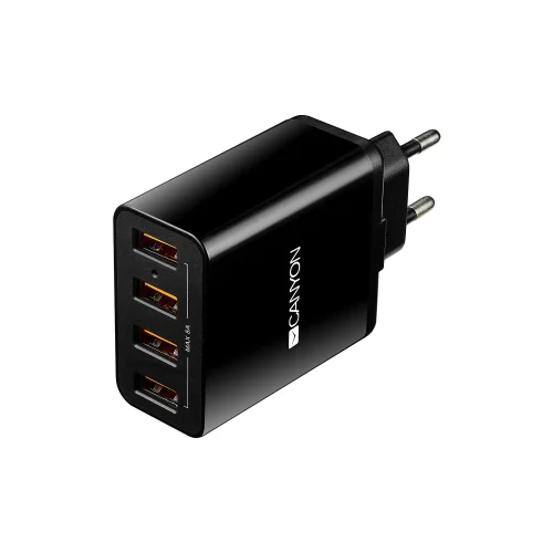 Canyon H-06 Universal 4xUSB AC charger (in wall) with over-voltage protection, Input 100V-240V, Output 5V-5A, with Smart IC, black glossy color+orange plastic part of USB, 96.8*52.48*28.5mm, 0.09kg