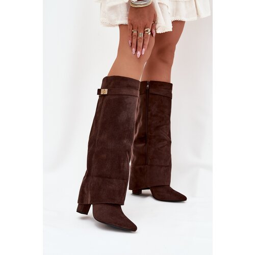 Boto Eco Suede Boots Heel Block Zipper Insulated Folded Shaft Chocolate Evyra Cijene