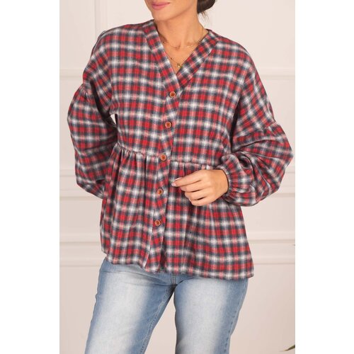 armonika Women's Light Navy Blue Bottoms Checkered Stamped Stamp Shirt with Smocked Sleeves and Elasticated Slike