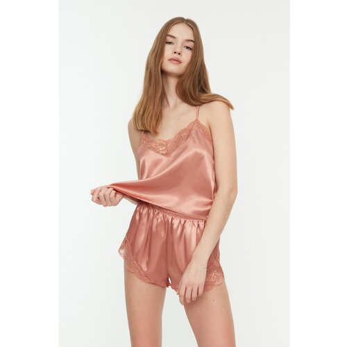 Trendyol Salmon Lace Detailed Satin Pajamas Set Slike