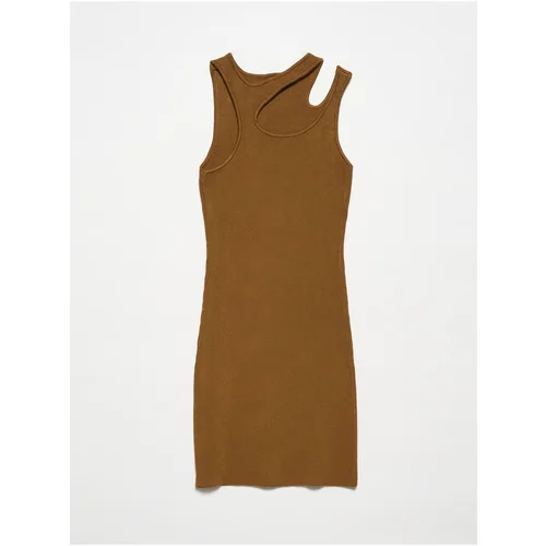 Dilvin 90142 Crew Neck Left Shoulder Decollete Knitwear Dress-Khaki