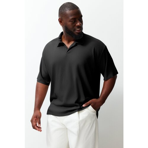 Trendyol Limited Edition Plus Size Black Men&amp;#039;s Oversize Textured Ottoman Polo Neck T-Shirt Slike