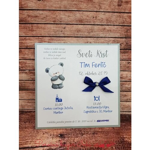  Vabilo za krst z medvedkom in majhno pentljico modro REK106 Cene