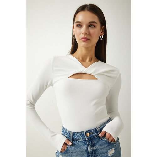 Happiness İstanbul Women's White Cut Out Detailed Ribbed Knitted Blouse Slike