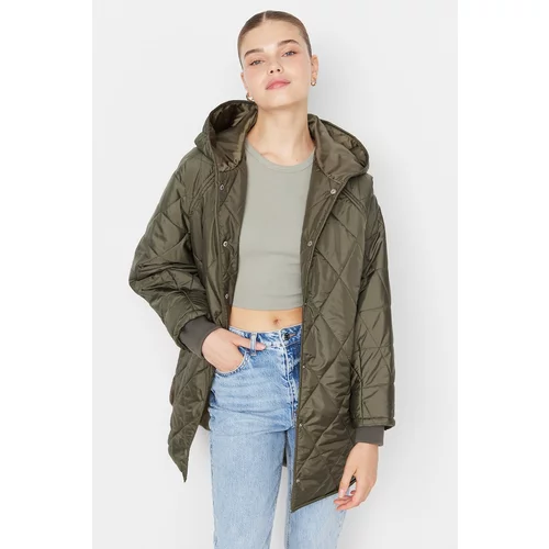 Trendyol Khaki Oversize Hooded Snap Closure Quilted Coat