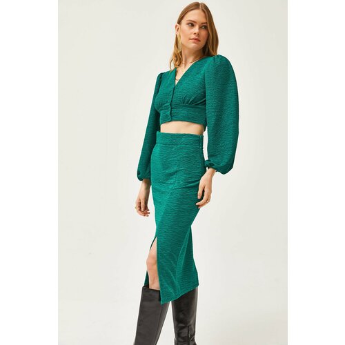 Olalook Women's Petrol Green Slit Skirt Knitted Suit Slike