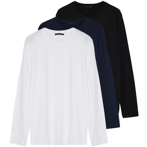 Trendyol Black-White-Navy Blue Men&amp;#039;s Regular/Regular Cut Crew Neck Long Sleeved 3-Pack Basic T-Shirt. Slike