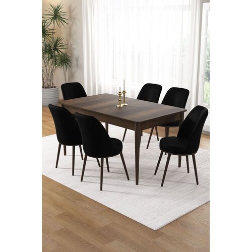 Hanah home trpezarijski set Pir, sto i 6 stolica, ploča u dekoru drveta Baroque, crna tkanina Babyface Cene