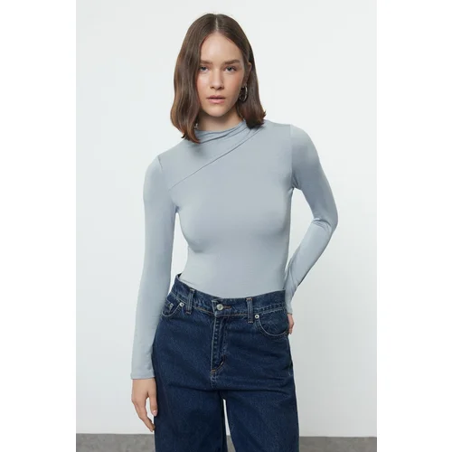 Trendyol Light Blue Ruffle/Drape Detailed Stand-Up Collar Lined Knitted Bodysuit