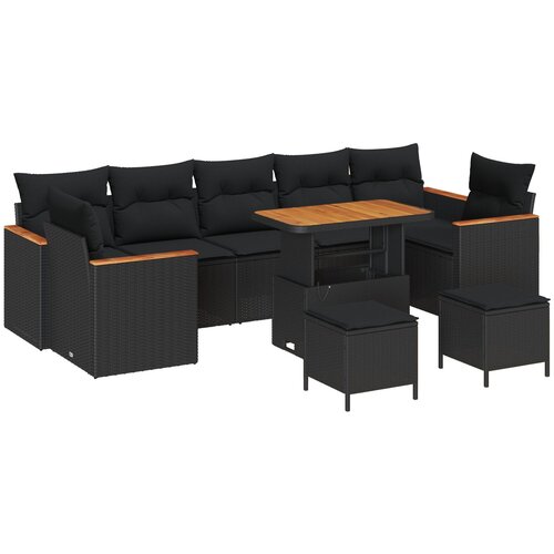 VidaXL 10-delni vrtni sofa s blazinami Črna Poli ratan Akacija, 3-delni vrtni jedilni set z blazinami Črna Poli ratan Akacija Slike