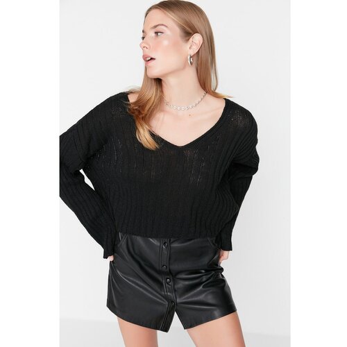 Trendyol Black Crop Wool Corded Oversize Knitwear Sweater Cene