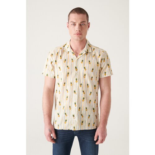 Avva Men's Yellow Printed Short Sleeve Cotton Shirt Cene